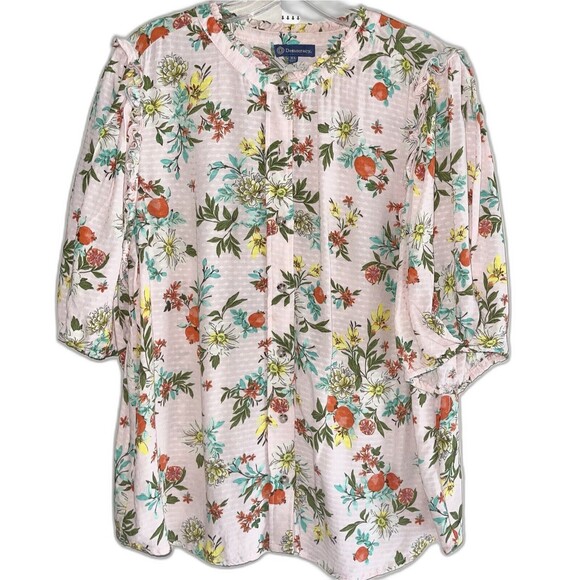 Democracy Peasant Top Women Size XL Ruched Ballon Sleeve Floral Button Up Casual - Picture 1 of 10